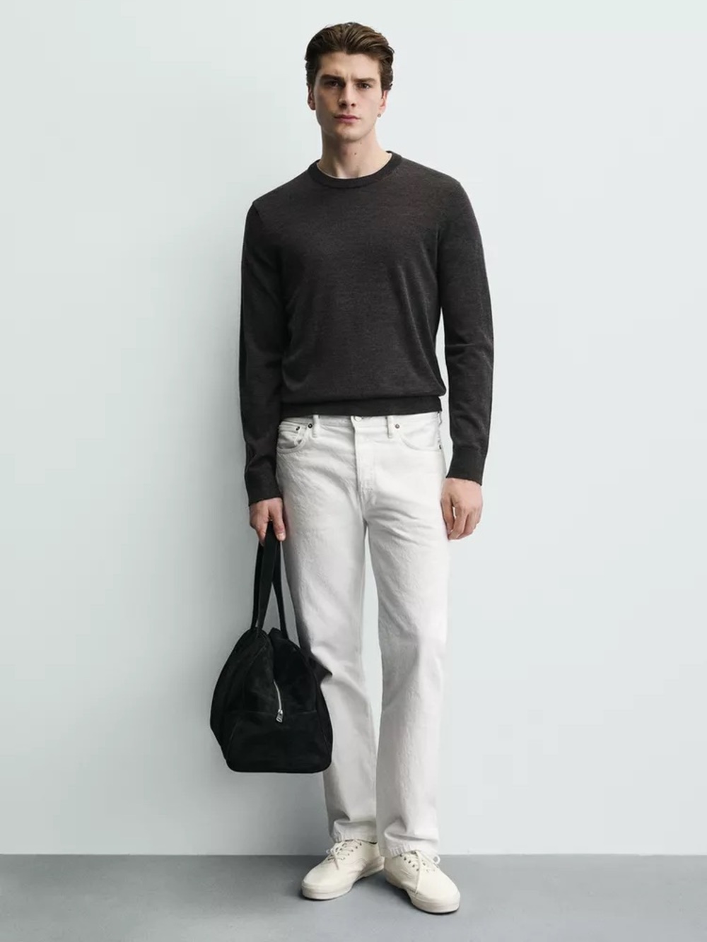 NWT Zara 100% WOOL JUMPER Men's XL Charcoal Grey Crewneck Sweater Elbow Patches